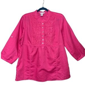 Lucy & Laurel Pink Embroidered Blouse Linen Cotton Sz M Roll Sleeve Tunic Shirt